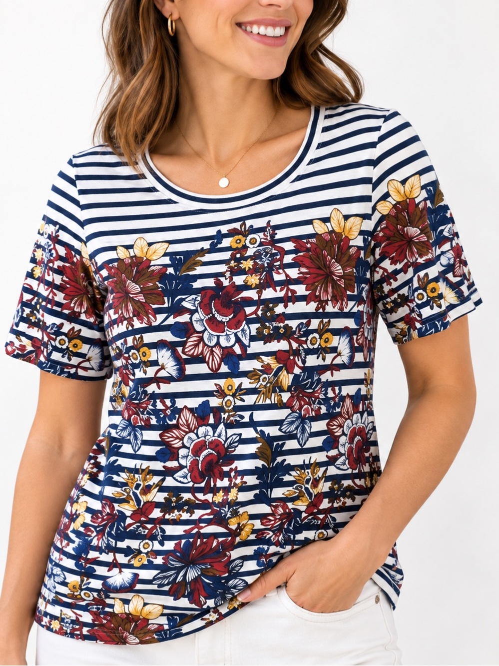 J.Crew Floral Striped Cotton T Shirt Navy White Short Sleeve Top XS